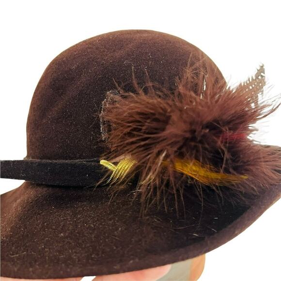 Vintage Geo W Bollman Lords Chocolate Doeskin Felt Wool Hat Feather